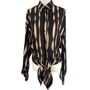 New Bishop+Young Tie Waist Button Down Blouse Black Metallic Stripe Size Small